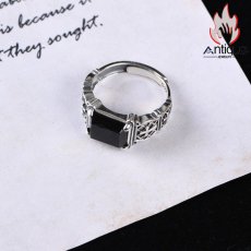 画像7: Antique Jewelry S925シルバーリング、ビンテージスタイル、ブラックオニキス、アジャスト可能な指輪、ファッション・トレンド、大人気のユニセックスアイテム (7)