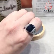 画像9: Antique Jewelry ブラックオニキスリング、S925シルバー、ビンテージスタイル、人差し指リング、シンプル＆モダン、開口式シルバーリング、メンズ (9)