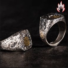 画像6: Antique Jewelry ヴァイキング結び目 ジオメトリックな三角形 シルバーと銅のリング 男性用 シルバーテールリング、ビンテージな独身者向け指輪 (6)