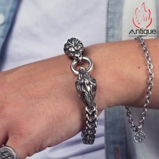 画像10: Antique Jewelry 欧米風 双獅子の頭のチタンスチールブレスレット 男性用 ドラゴンボーンチェーン、個性的な独身者向けアクセサリー、バイクスタイル (10)