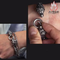 画像12: Antique Jewelry 欧米風 双獅子の頭のチタンスチールブレスレット 男性用 ドラゴンボーンチェーン、個性的な独身者向けアクセサリー、バイクスタイル (12)