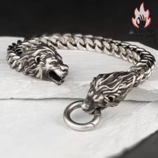 画像5: Antique Jewelry 欧米風 双獅子の頭のチタンスチールブレスレット 男性用 ドラゴンボーンチェーン、個性的な独身者向けアクセサリー、バイクスタイル (5)