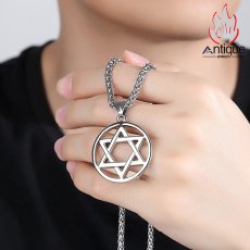 画像7: Antique Jewelry チタンスチール六芒星ペンダントネックレス - 男性用、個性的なペンダント、学生向けアクセサリー、セーターチェーン付きギフトアイテム (7)