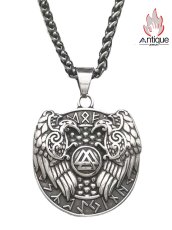 画像1: Antique Jewelry 北欧オーディンの双頭鷲トーテムネックレス、メンズ、パンクスタイル、チタンスチール、ヴァイキングの三角結びの羅針盤円形ペンダント (1)