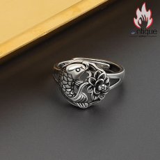 画像6: Antique Jewelry シルバービンテージジュエリー　蓮の花と鯉の開口指輪　レトロな女性用アクセサリー (6)