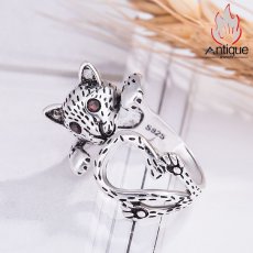 画像3: Antique Jewelry ヴィンテージシルバージュエリー　オリジナルデザインのファッションキャットリング　個性的な女性用ジルコニア開口指輪 (3)