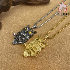 画像2: Antique Jewelry ヴィンテージ パンク風チタンスチール フクロウとスカルペンダント ネックレス 色落ちしない 高級感のあるメンズアクセサリー (2)