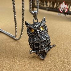 画像3: Antique Jewelry ヴィンテージ パンク風チタンスチール フクロウとスカルペンダント ネックレス 色落ちしない 高級感のあるメンズアクセサリー (3)