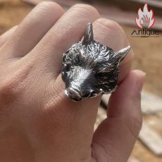 画像6: Antique Jewelry パンク風 ブタのチタン鋼リング 男性用 個性的 色あせしない人差し指リング (6)