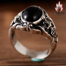 画像2: Antique Jewelry S925シルバー ビンテージ 黒曜石と錨のインレイ ファッション 聖剣と十字軍の指輪 ユニセックス (2)