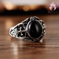 画像3: Antique Jewelry S925シルバー ビンテージ 黒曜石と錨のインレイ ファッション 聖剣と十字軍の指輪 ユニセックス (3)