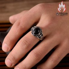 画像8: Antique Jewelry S925シルバー ビンテージ 黒曜石と錨のインレイ ファッション 聖剣と十字軍の指輪 ユニセックス (8)