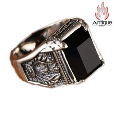 画像1: Antique Jewelry S925シルバー ビンテージ ピースオリーブのブラックオニキス指輪 メンズファッションシンプルな指環 (1)