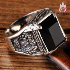 画像2: Antique Jewelry S925シルバー ビンテージ ピースオリーブのブラックオニキス指輪 メンズファッションシンプルな指環 (2)