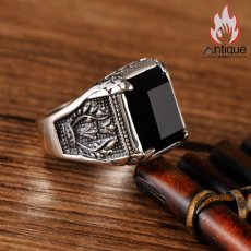 画像3: Antique Jewelry S925シルバー ビンテージ ピースオリーブのブラックオニキス指輪 メンズファッションシンプルな指環 (3)