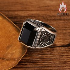 画像4: Antique Jewelry S925シルバー ビンテージ ピースオリーブのブラックオニキス指輪 メンズファッションシンプルな指環 (4)