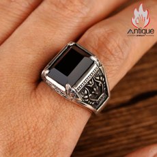 画像7: Antique Jewelry S925シルバー ビンテージ ピースオリーブのブラックオニキス指輪 メンズファッションシンプルな指環 (7)