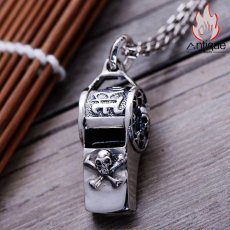 画像5: Antique Jewelry S925シルバー ビンテージヨーロピアン スタッズスカル&五角星七星ペンダントネックレス+ホイッスル (5)