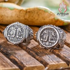 画像2: Antique Jewelry S925シルバー ビンテージ 男性用個性的なオープンリング アヌビス&放浪の古代エジプト神話柄の指輪 (2)