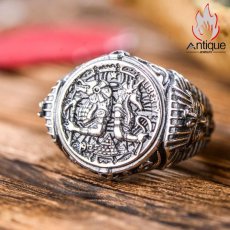 画像4: Antique Jewelry S925シルバー ビンテージ 男性用個性的なオープンリング アヌビス&放浪の古代エジプト神話柄の指輪 (4)