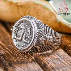 画像5: Antique Jewelry S925シルバー ビンテージ 男性用個性的なオープンリング アヌビス&放浪の古代エジプト神話柄の指輪 (5)