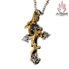 画像1: Antique Jewelry ビンテージ＆ミステリアス！欧米風ドラゴンクロスペンダントと龍のプレートペンダント！S925銀製のゴージャスなドラゴンシルバーアクセサリー (1)