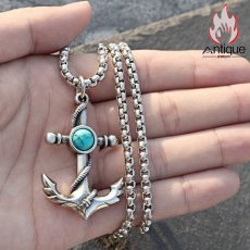 画像14: Antique Jewelry レトロな双面ターコイズとアンカーペンダントネックレス　メンズの個性的なアクセサリー、チタンスチールのネックレスで格好良く決める (14)