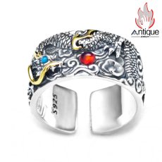 画像1: Antique Jewelry 祥龍戯珠リング メンズ S925シルバー パーソナルな指輪、レトロな食指リングアクセサリー、開口式のクリエイティブな指輪 (1)