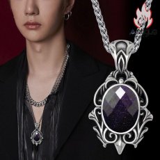 画像11: Antique Jewelry 刻印可能な男性用韓国風チタン鋼ネックレス、ラピスラズリのペンダントが付いたレトロな学生アクセサリー (11)