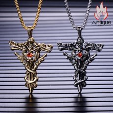 画像4: Antique Jewelry  レトロ 十字架 ネックレス 双龍盤剣 ペンダント メンズ パーソナルジュエリー (4)