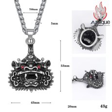 画像8: Antique Jewelry 男性向けキリンペンダントネックレス、チタンスチール製のレトロな中国風アクセサリー、獅子の頭付きセーターチェーン付き (8)