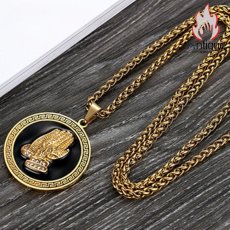 画像7: Antique Jewelry メンズ用チタンスチール製レトロな祈りの手 ペンダントネックレス 佛手の円形プレート付き プレゼントにおすすめ (7)