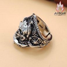 画像4: Antique Jewelry S925シルバー ダークスカルリング クリスタル留め パンクパーソナリティメンズリング (4)