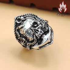 画像5: Antique Jewelry S925シルバー ダークスカルリング クリスタル留め パンクパーソナリティメンズリング (5)