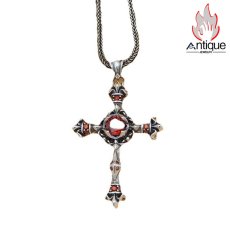 画像1: Antique Jewelry S925シルバー パーソナリティ ビンテージ レッドジルコン十字架ペンダントネックレス レアデザインファッション (1)