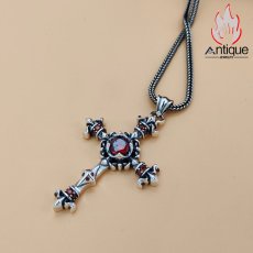 画像7: Antique Jewelry S925シルバー パーソナリティ ビンテージ レッドジルコン十字架ペンダントネックレス レアデザインファッション (7)