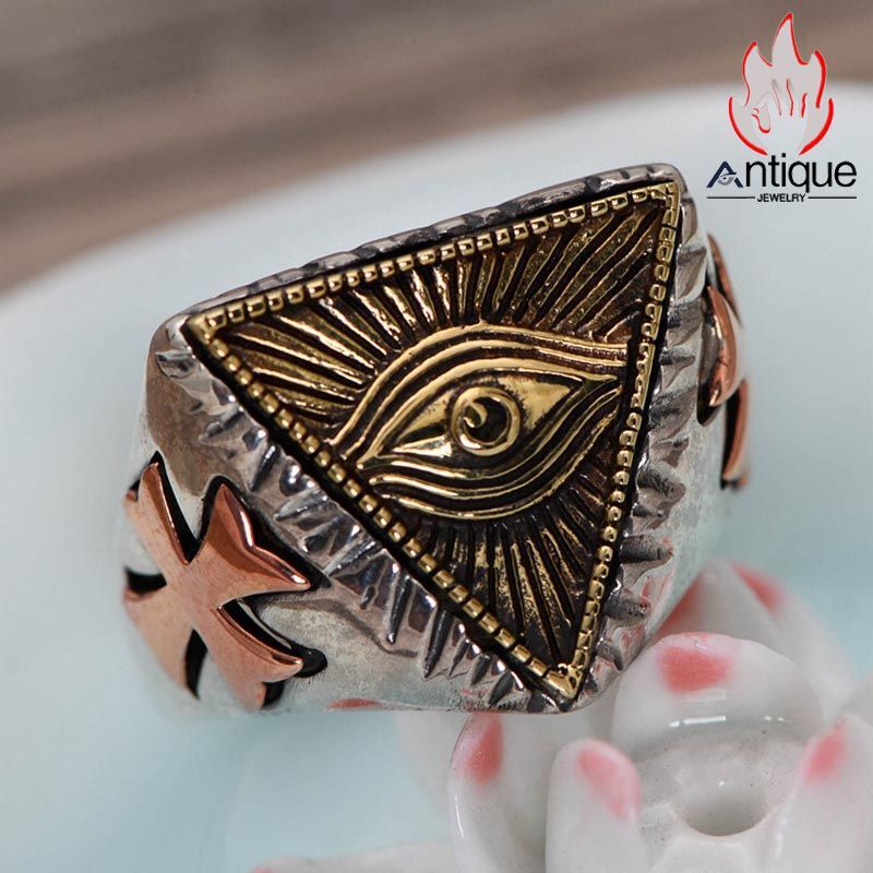 Antique Jewelry エジプト・ファラオ風トライアングルリング -  男性用の個性的な925銀指輪、上帝の目をモチーフに神秘的でおしゃれなエジプト風デザイン