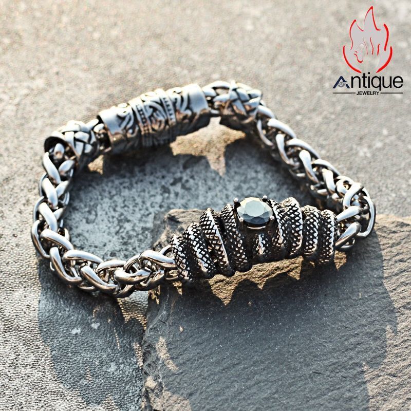 Antique Jewelry ブラックサファイアスネークスキンチタンスチールブレスレット メンズ レトロなデザインのアクセサリー